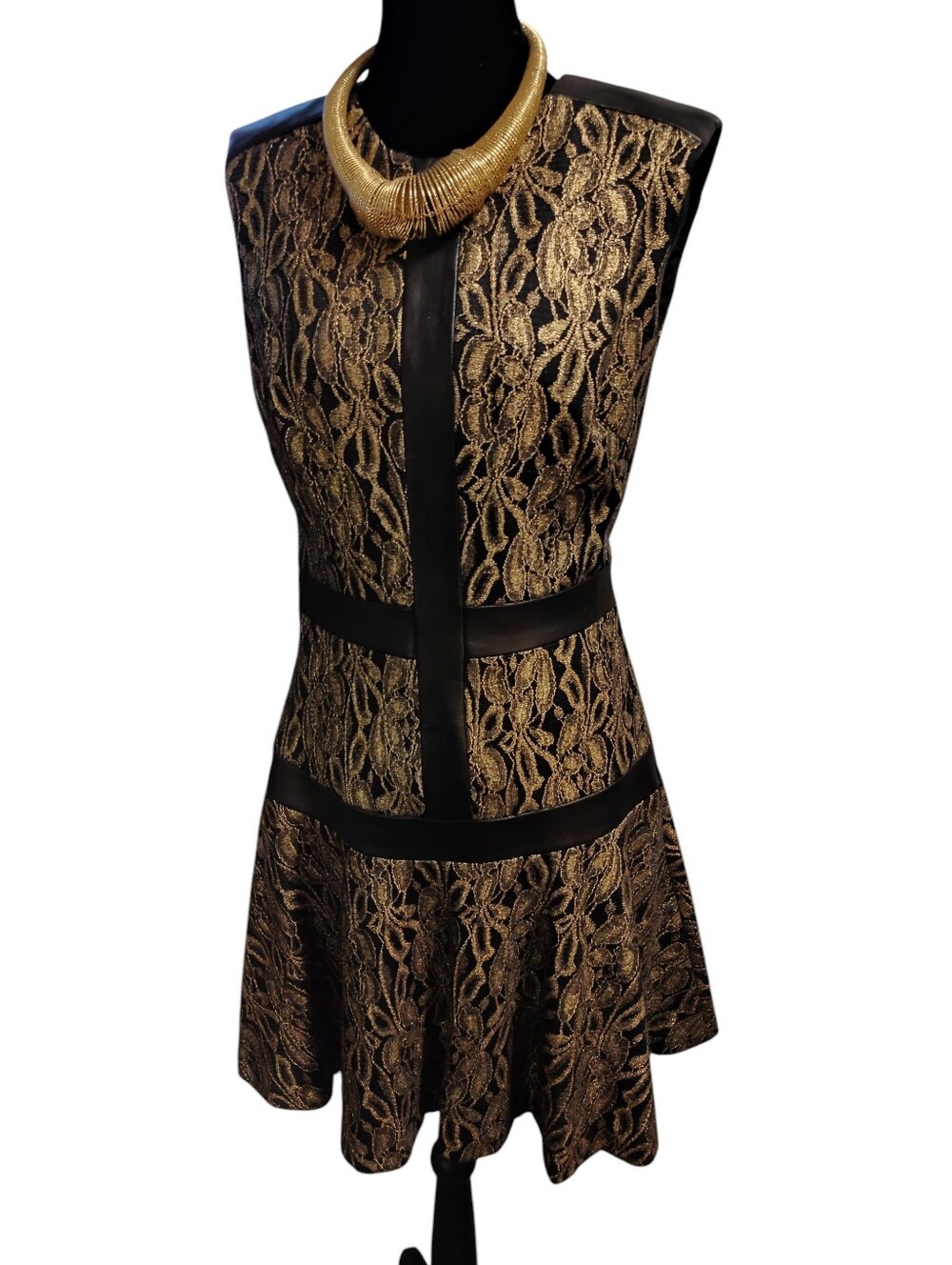 Nicole Miller Gold Label Black & Gold Lace Fit-and-Flare Dress, Size 6